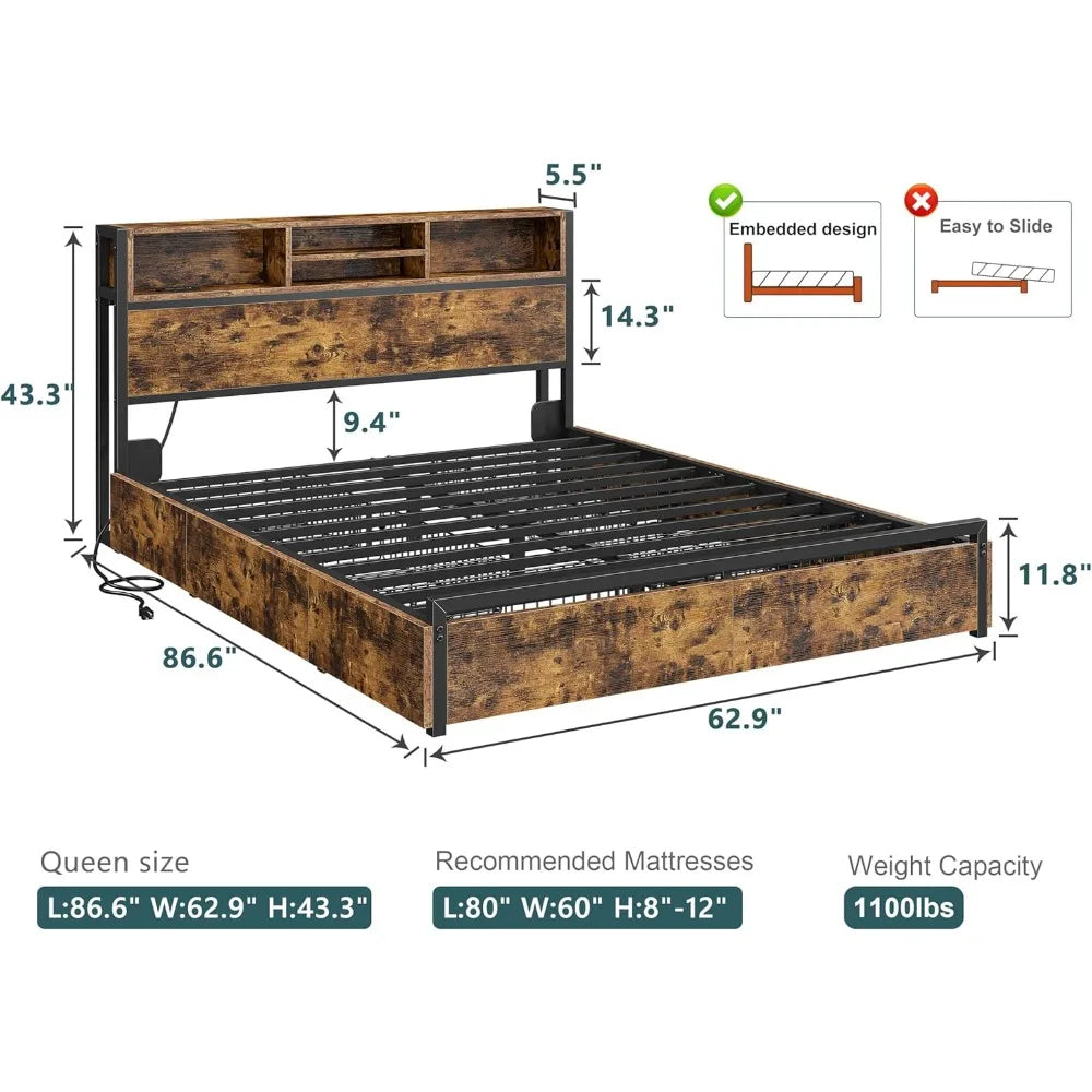 Bed Frame with 6 Storage Drawers w Headboard with Charging Station