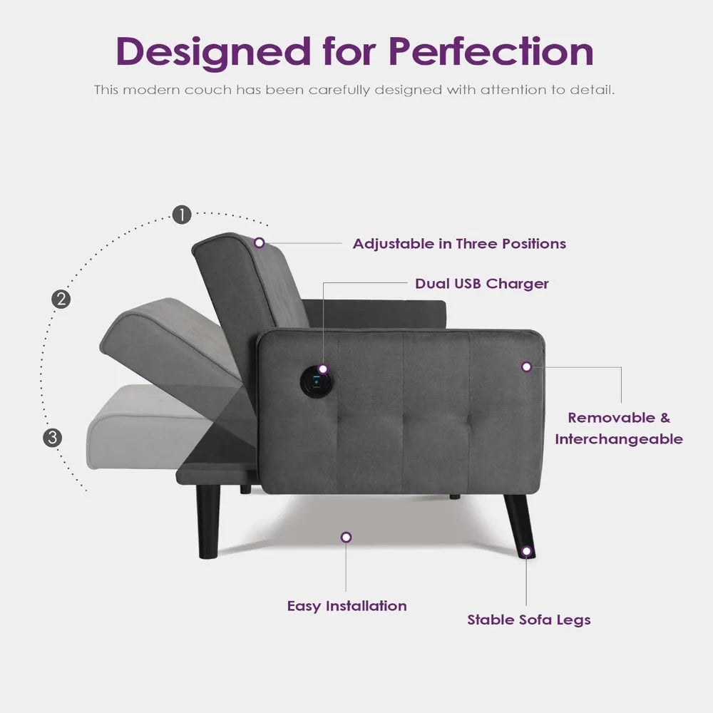 65“ Convertible Futon Sofa Bed w/ 2 USB