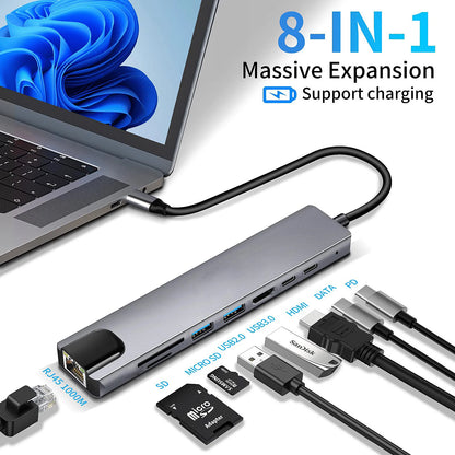 8 in 1 USB C Hub  with RJ45 SD/TF Card Reader