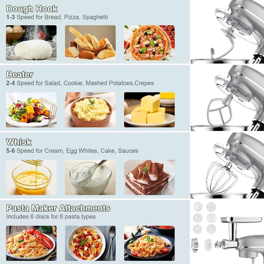 6 IN 1 Multifunctional Electric Kitchen Mixer with 6.5QT Stainless Steel Bowl