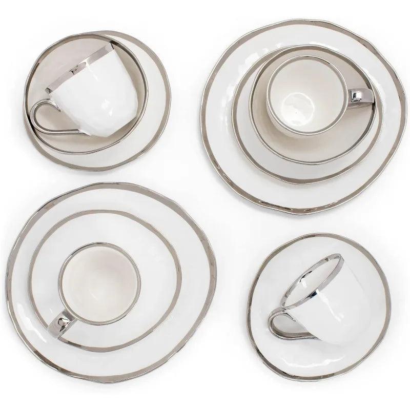 16-Piece Metallic Porcelain Ceramic Plates Bowls Mugs Dinnerware Set