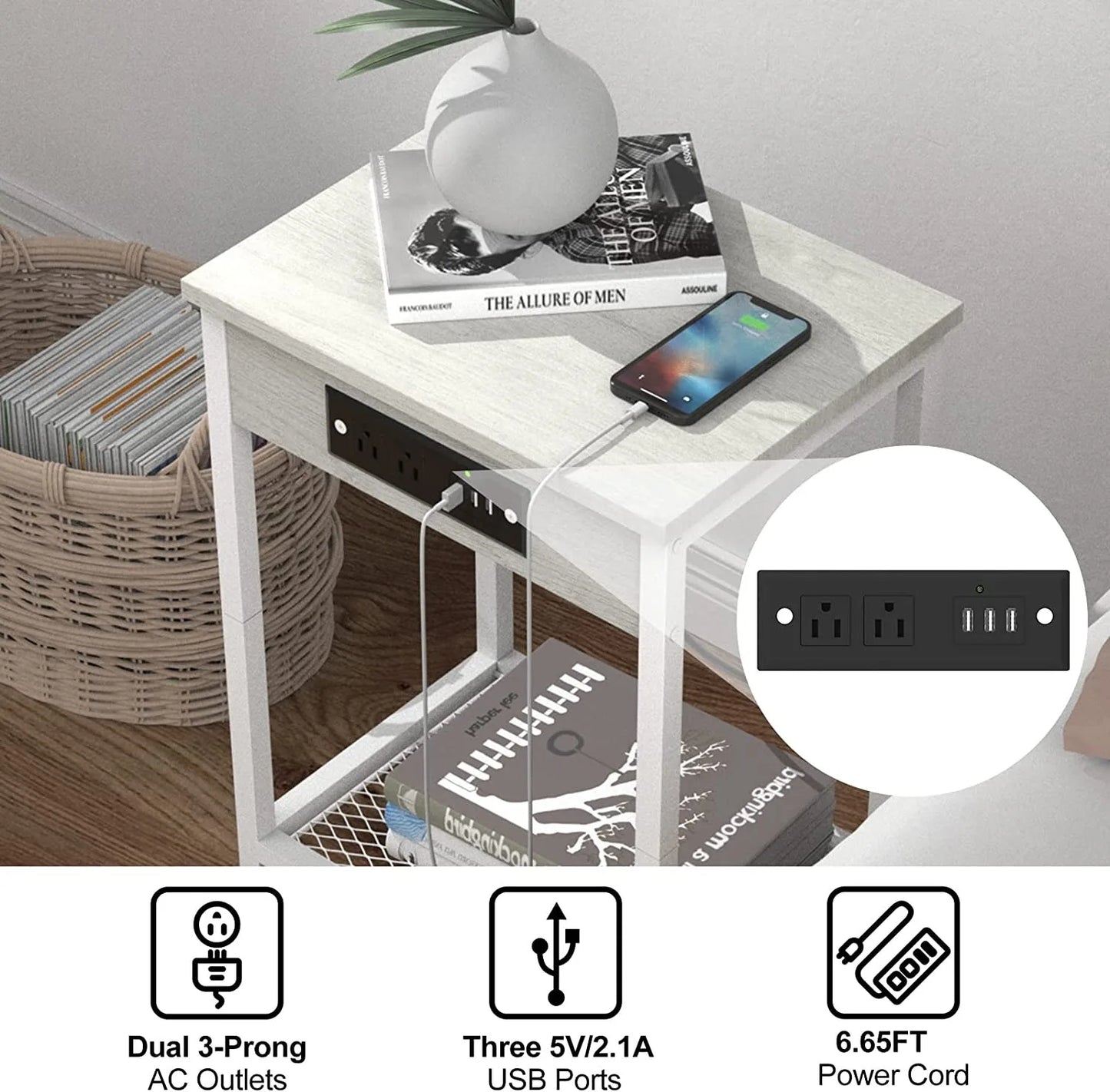 2 Nightstands Set with Charging Station,  USB Ports and Outlets