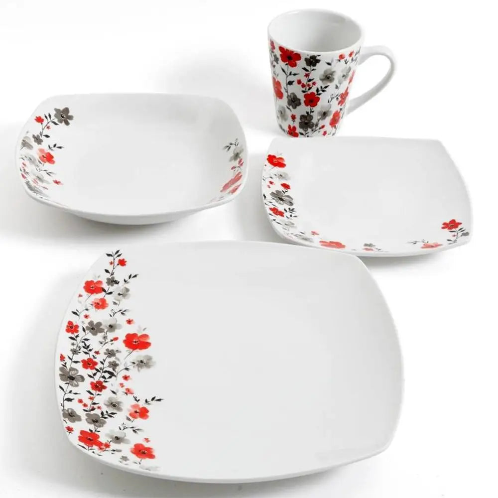 16pc Round Square Floral Ceramic Dinnerware Set