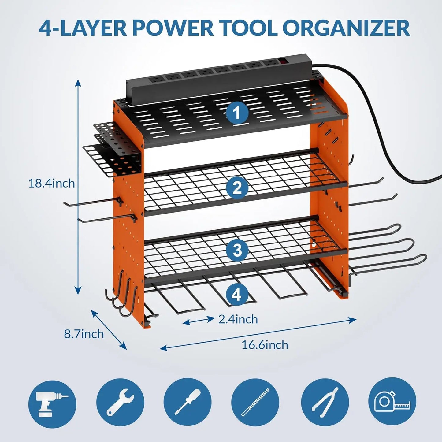 Wall Mount Garage Tool Organizer with Charging Station