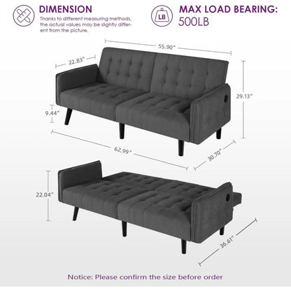 65“ Convertible Futon Sofa Bed w/ 2 USB