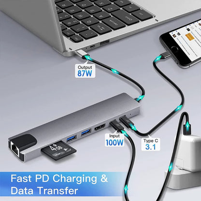 8 in 1 USB C Hub  with RJ45 SD/TF Card Reader