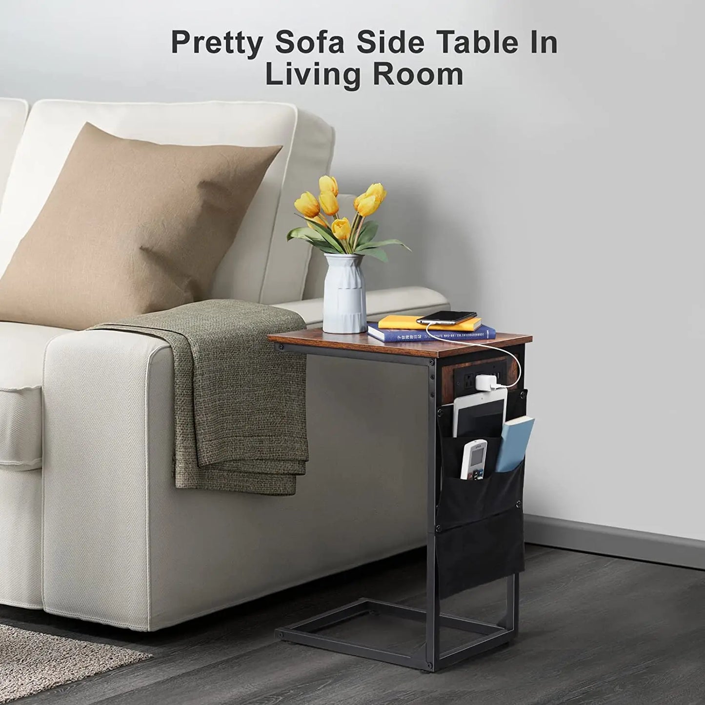 Set of 2 C-shaped Side Table with USB Ports and Outlets