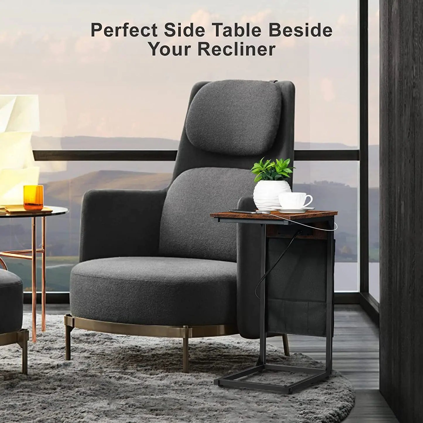 Set of 2 C-shaped Side Table with USB Ports and Outlets