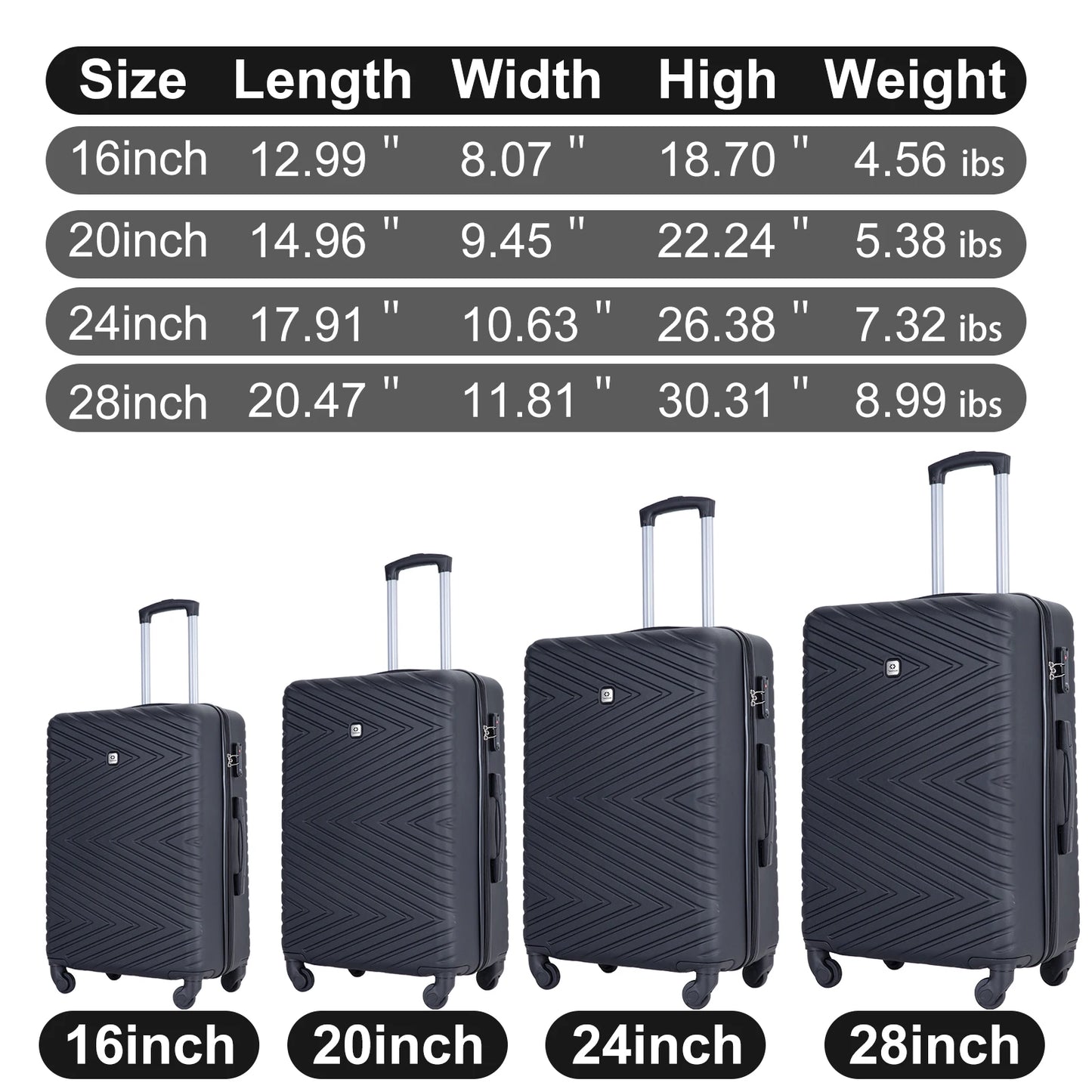 4-Piece ABS Luggage Suitcase With Rotating Wheels,(16/20/24/28)