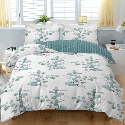 3pc White Flower with Green Leaves Bedding Set