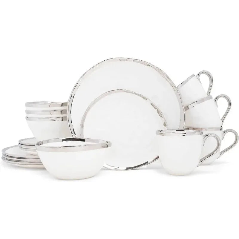 16-Piece Metallic Porcelain Ceramic Plates Bowls Mugs Dinnerware Set