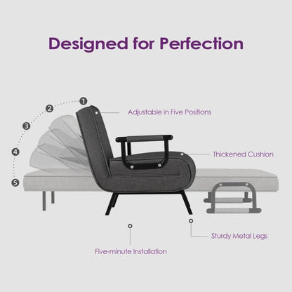 Convertible Chair Bed Sleeper with Pillow with 5-Position Adjustable Backrest