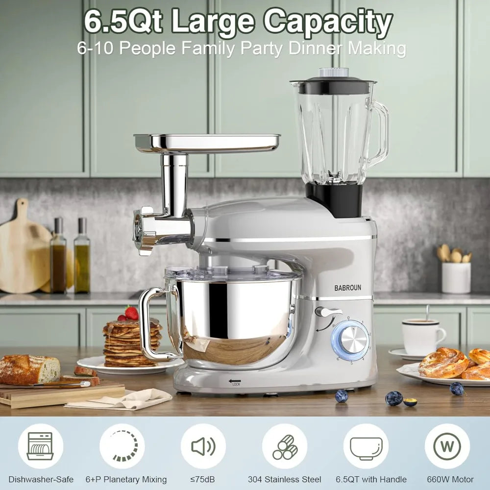 6 IN 1 Multifunctional Electric Kitchen Mixer with 6.5QT Stainless Steel Bowl