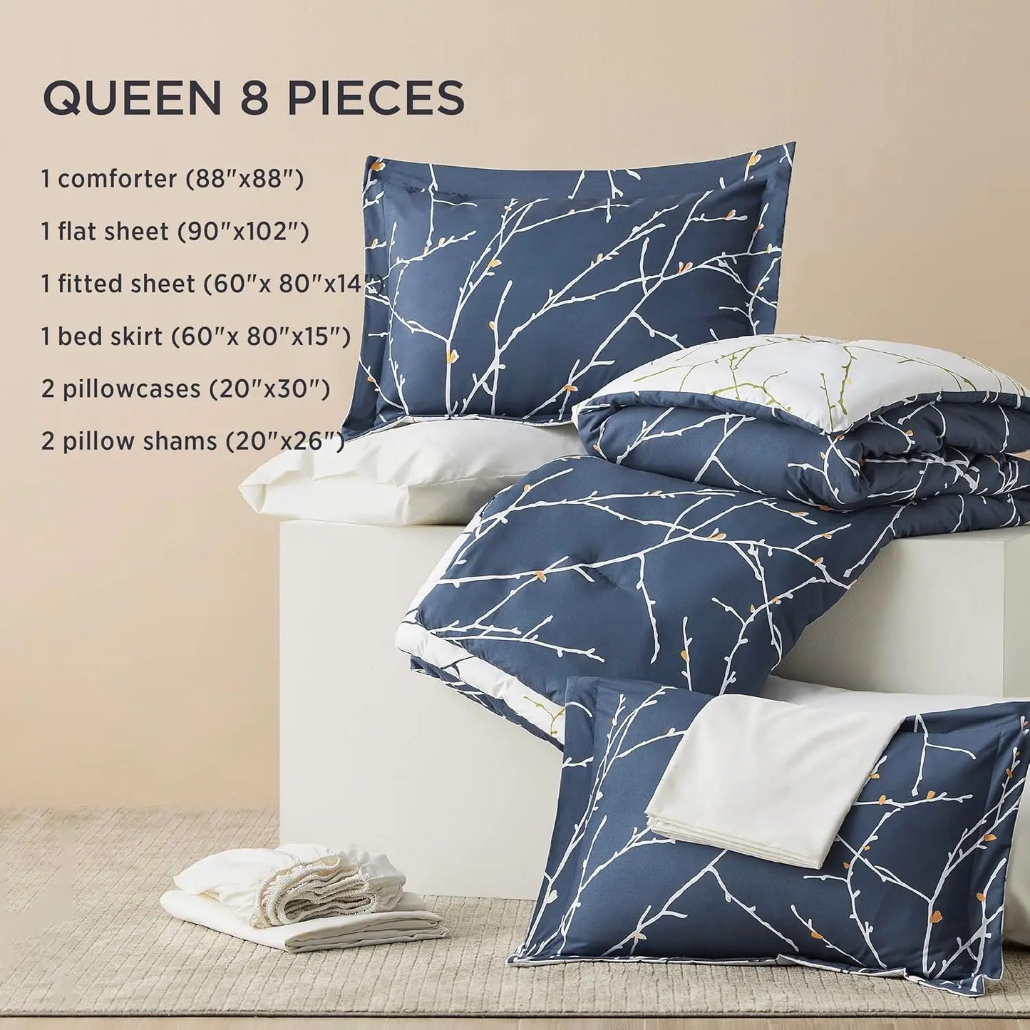 Reversible Navy Blue Floral Comforter Sets- Bed in a Bag Queen 7 Pieces