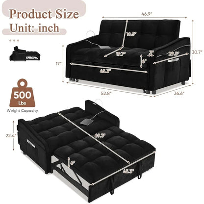 52 inch 3 in 1 Sleeper Sofa Couch Bed with USB & Type C Port