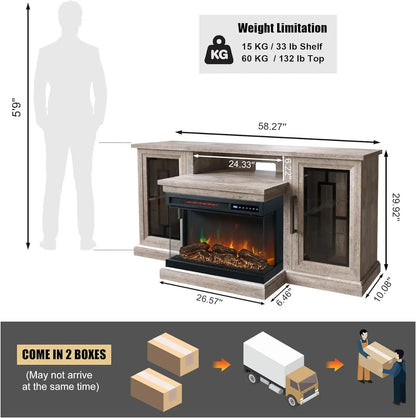 59 Inch LED TV Stand with 3-Side Glass Fireplace, Modern Media Entertainment Center