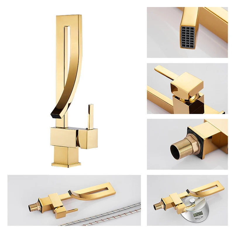 Bathroom Basin Faucet Brass Deck Mounted Waterfall Mixer Taps Single Handle