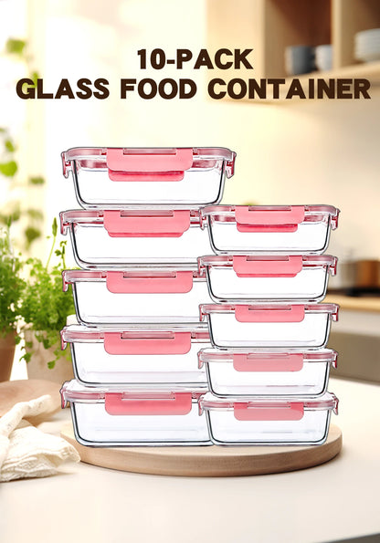 10 Pack Glass Food Storage Containers with Lids Airtight, Microwaveable