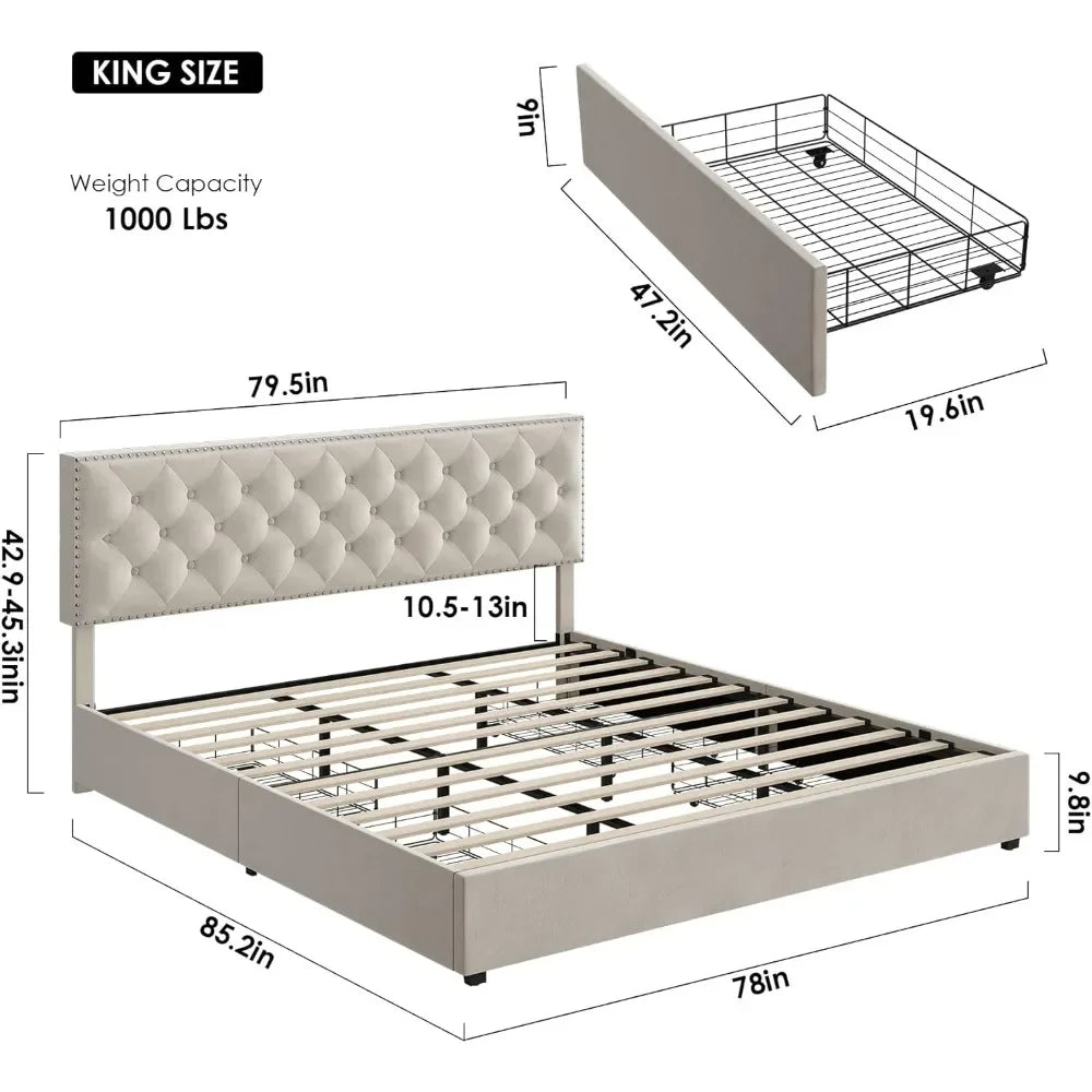 Bed Frame with 4 Storage Drawers, Modern Upholstered Platform Bed with Wood Slat Support,No Box Spring Needed(Beige)