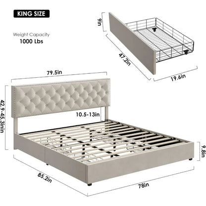 Bed Frame with 4 Storage Drawers, Modern Upholstered Platform Bed with Wood Slat Support,No Box Spring Needed(Beige)