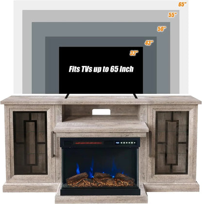 59 Inch LED TV Stand with 3-Side Glass Fireplace, Modern Media Entertainment Center