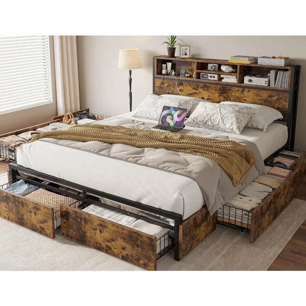 Bed Frame with 6 Storage Drawers w Headboard with Charging Station