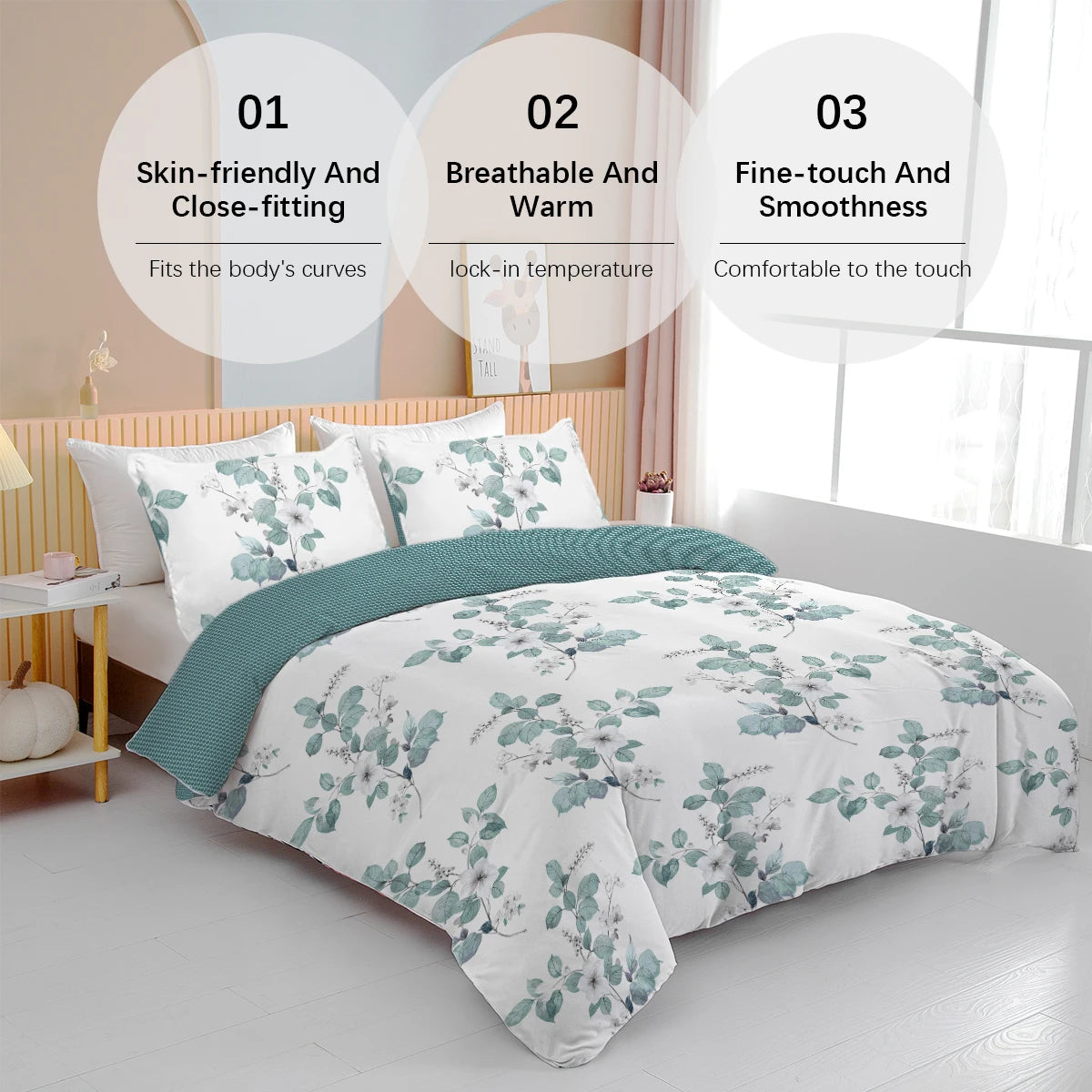 3pc White Flower with Green Leaves Bedding Set