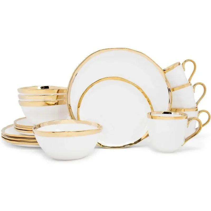 16-Piece Metallic Porcelain Ceramic Plates Bowls Mugs Dinnerware Set