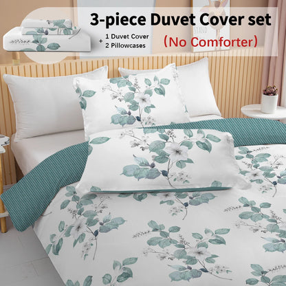 3pc White Flower with Green Leaves Bedding Set