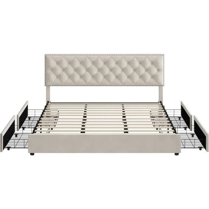 Bed Frame with 4 Storage Drawers, Modern Upholstered Platform Bed with Wood Slat Support,No Box Spring Needed(Beige)